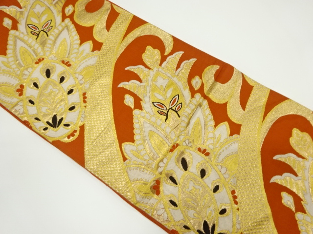 JAPANESE KIMONO / ANTIQUE FUKURO OBI / SILK / WOVEN ABSTRACT FLORAL PLANTS